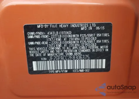 2015 Subaru Xv Crosstrek 2.0I Premium from USA, damaged, VIN JF2GPACC2F8306375